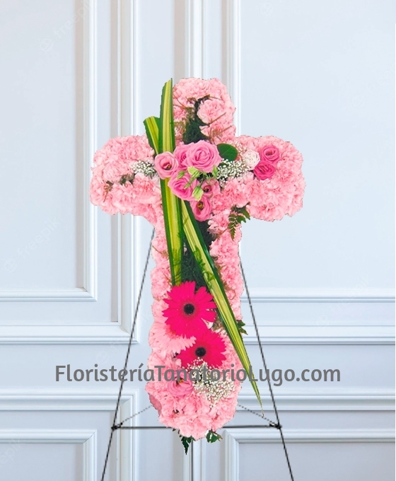 Cruz funeraria de claveles rosas